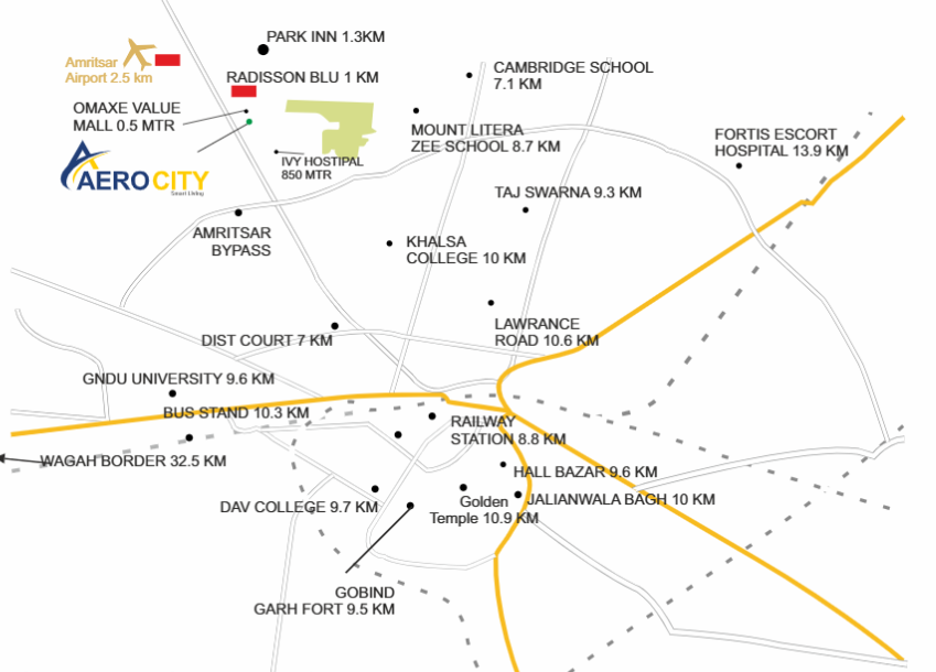 Splendor AeroCity Amritsar location map with airport, schools, hospitals and landmarks