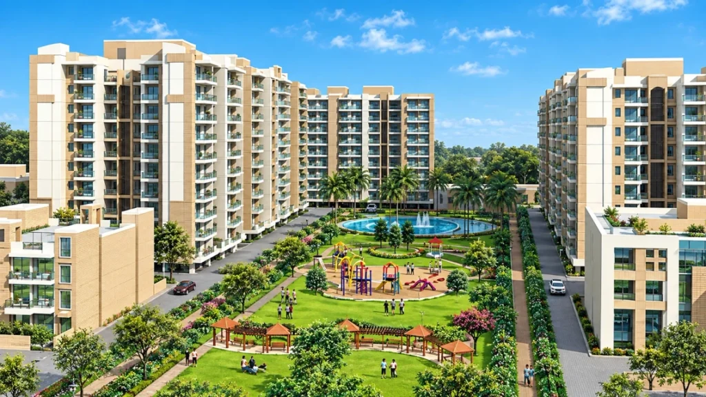 Landscaped garden, play area, and apartment towers at ATM Amritsar One, Amritsar