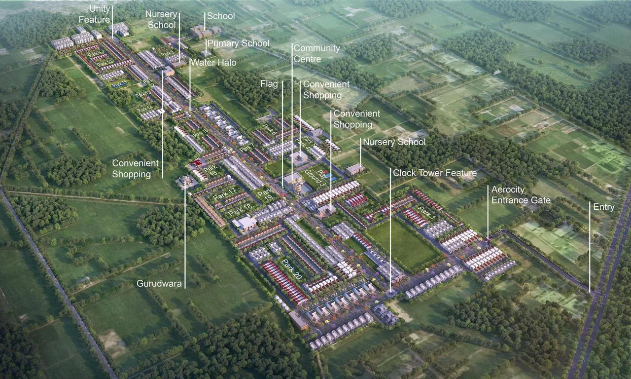 Splendor AeroCity master plan showing residential plots, parks, schools and community facilities