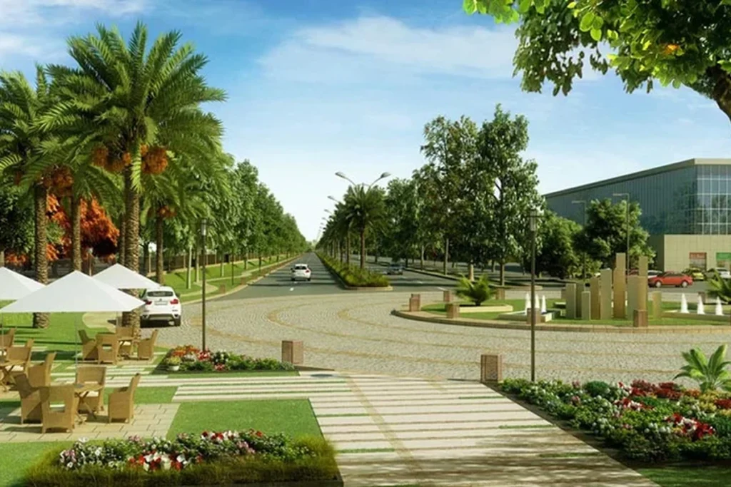 Internal road and green spaces at Alpha International City, Daburji, Amritsar
