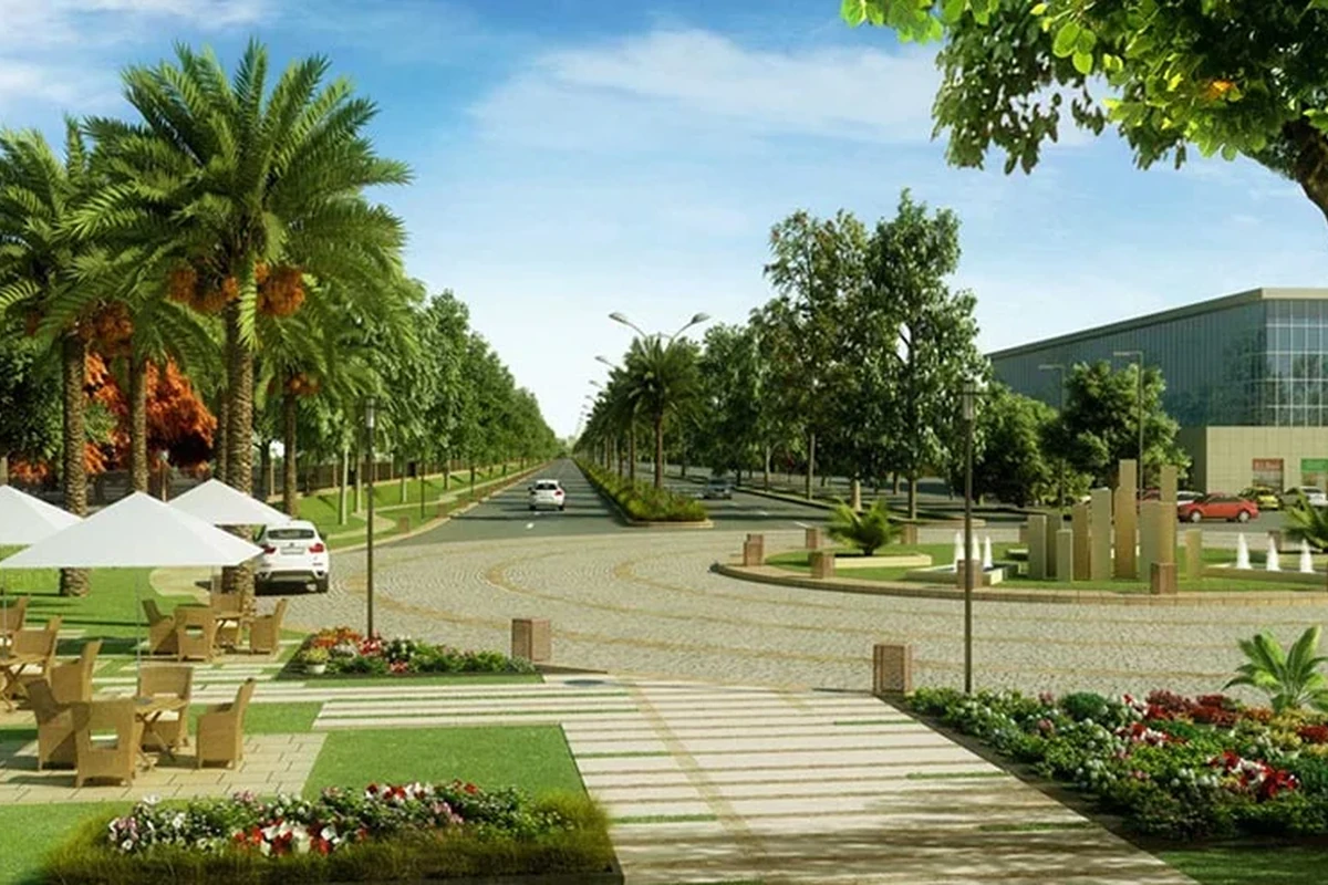 Internal road and green spaces at Alpha International City, Daburji, Amritsar