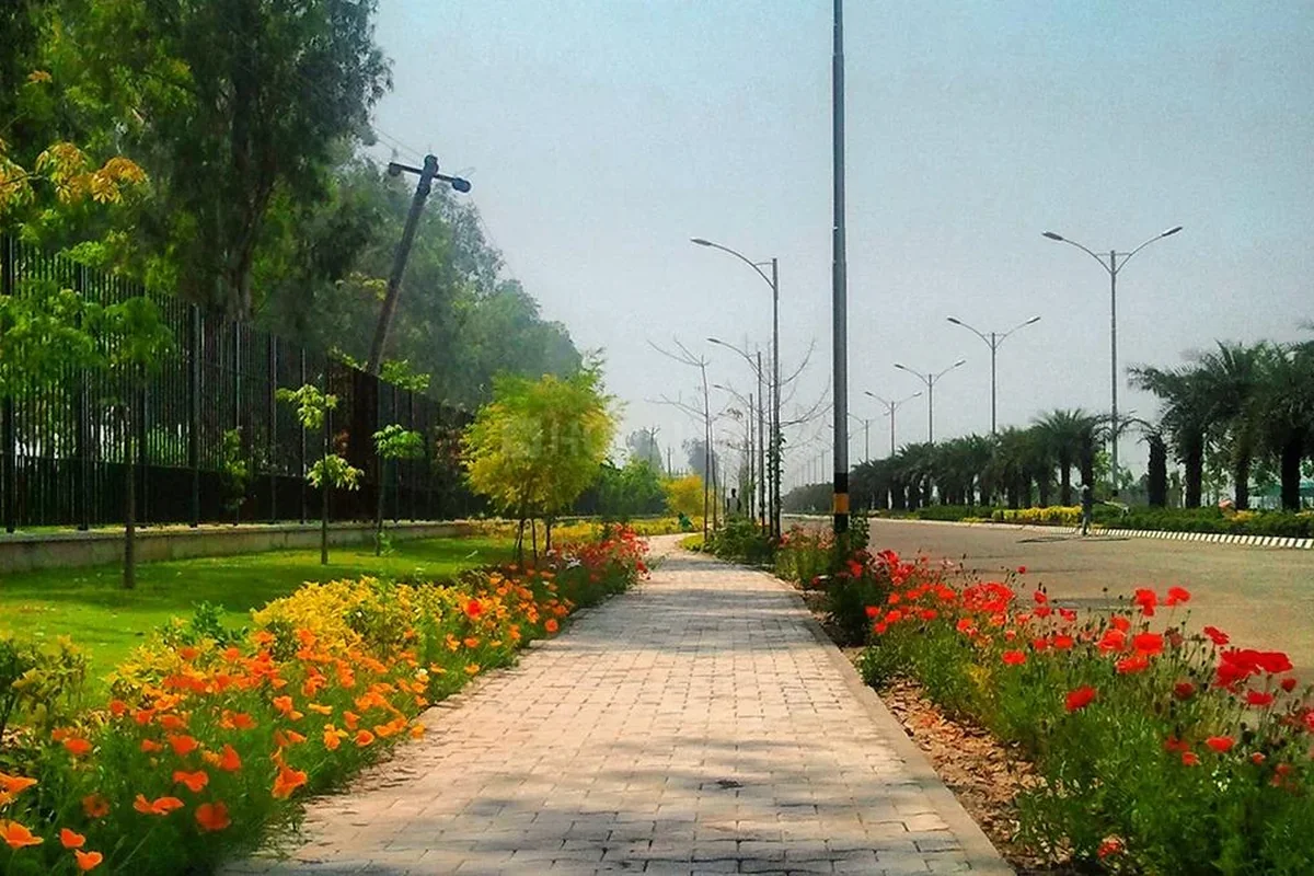 Landscaped road and walkway at Alpha International City, Daburji, Amritsar